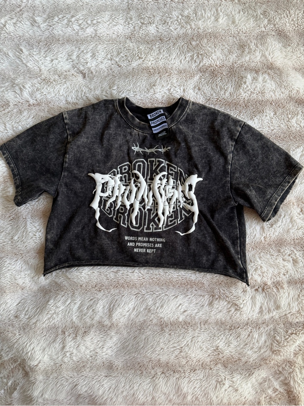 Broken Promises Black Washed Graphic Crop Tank